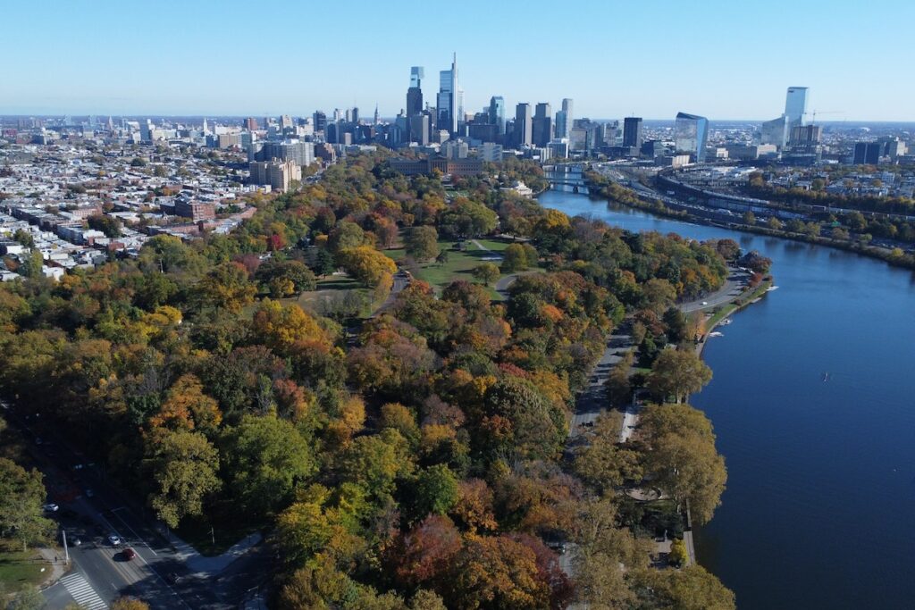 Aerial View of the Schuylkill River and the Surrounding Park in Philadelphia